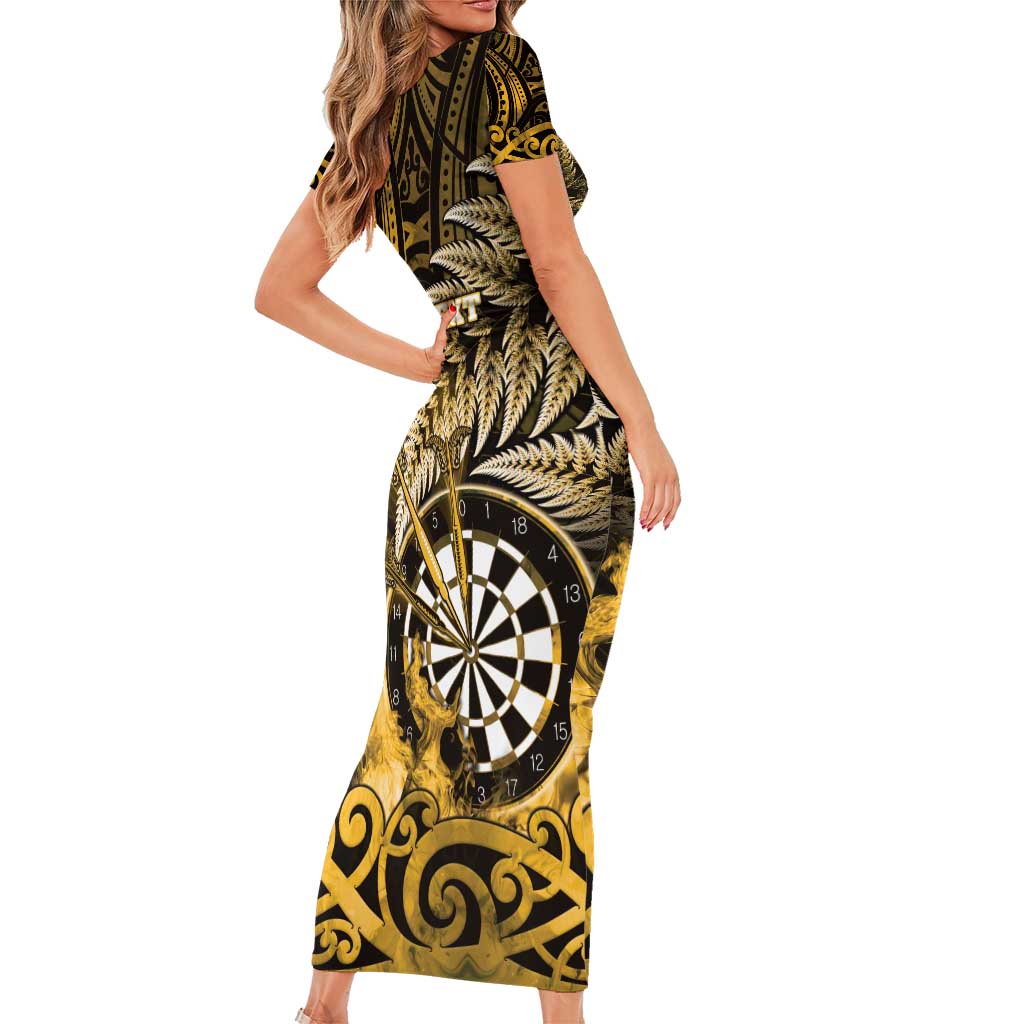 Personalised New Zealand Darts Family Matching Short Sleeve Bodycon Dress and Hawaiian Shirt Maori Koru Dartboard Gold Flame LT05 - Polynesian Pride