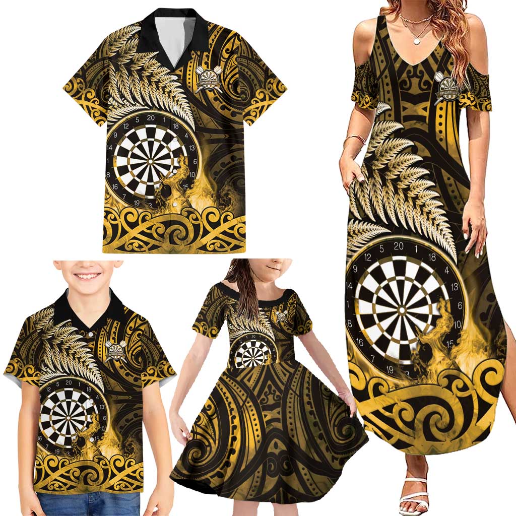Personalised New Zealand Darts Family Matching Summer Maxi Dress and Hawaiian Shirt Maori Koru Dartboard Gold Flame LT05 - Polynesian Pride