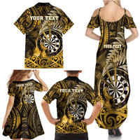 Personalised New Zealand Darts Family Matching Summer Maxi Dress and Hawaiian Shirt Maori Koru Dartboard Gold Flame LT05 - Polynesian Pride