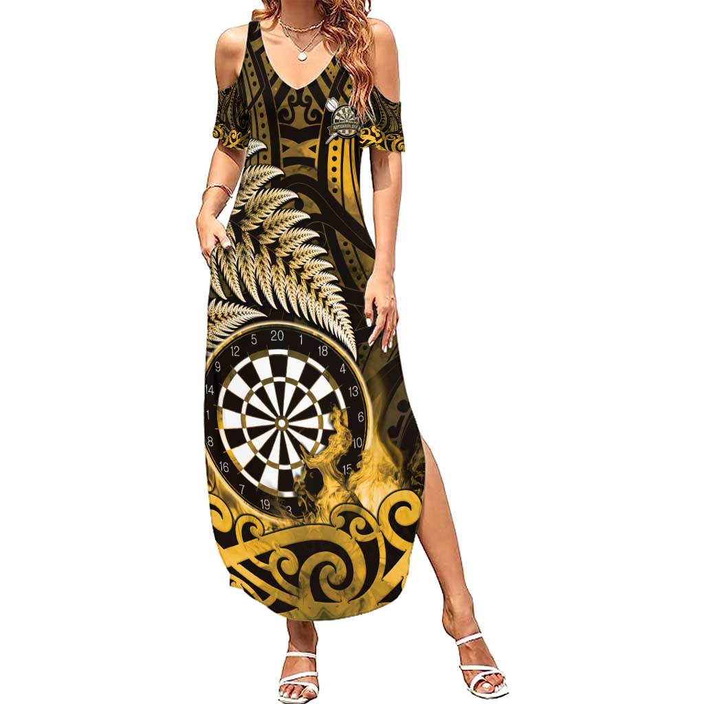 Personalised New Zealand Darts Family Matching Summer Maxi Dress and Hawaiian Shirt Maori Koru Dartboard Gold Flame LT05 Mom's Dress Gold - Polynesian Pride