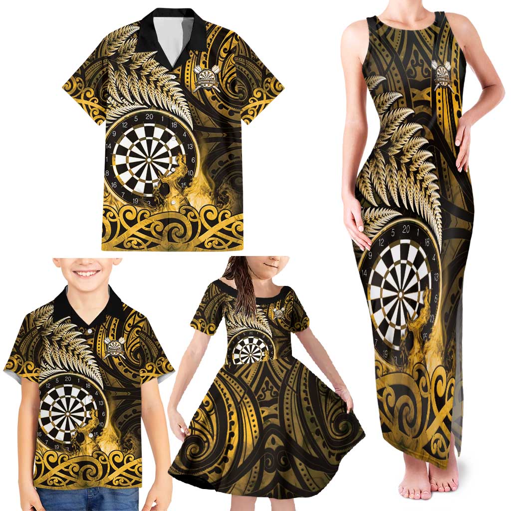 Personalised New Zealand Darts Family Matching Tank Maxi Dress and Hawaiian Shirt Maori Koru Dartboard Gold Flame LT05 - Polynesian Pride