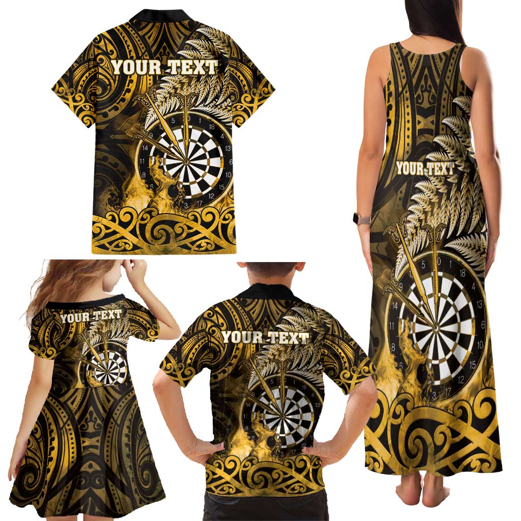 Personalised New Zealand Darts Family Matching Tank Maxi Dress and Hawaiian Shirt Maori Koru Dartboard Gold Flame LT05 - Polynesian Pride