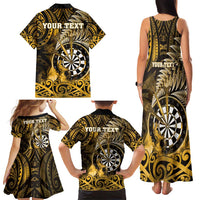 Personalised New Zealand Darts Family Matching Tank Maxi Dress and Hawaiian Shirt Maori Koru Dartboard Gold Flame LT05 - Polynesian Pride