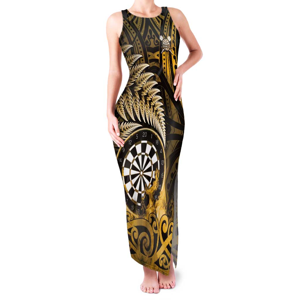 Personalised New Zealand Darts Family Matching Tank Maxi Dress and Hawaiian Shirt Maori Koru Dartboard Gold Flame LT05 Mom's Dress Gold - Polynesian Pride