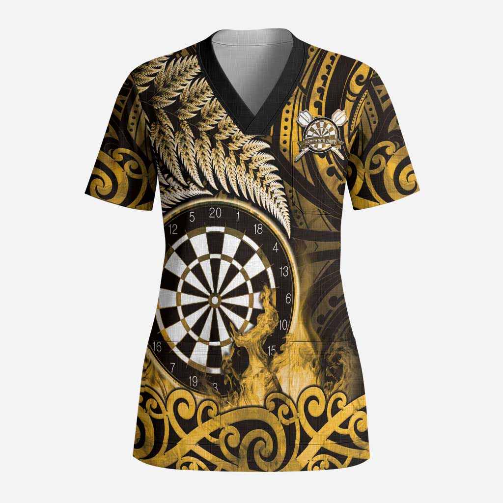 Personalised New Zealand Darts Scrub Top Maori Koru Dartboard Gold Flame - Polynesian Pride