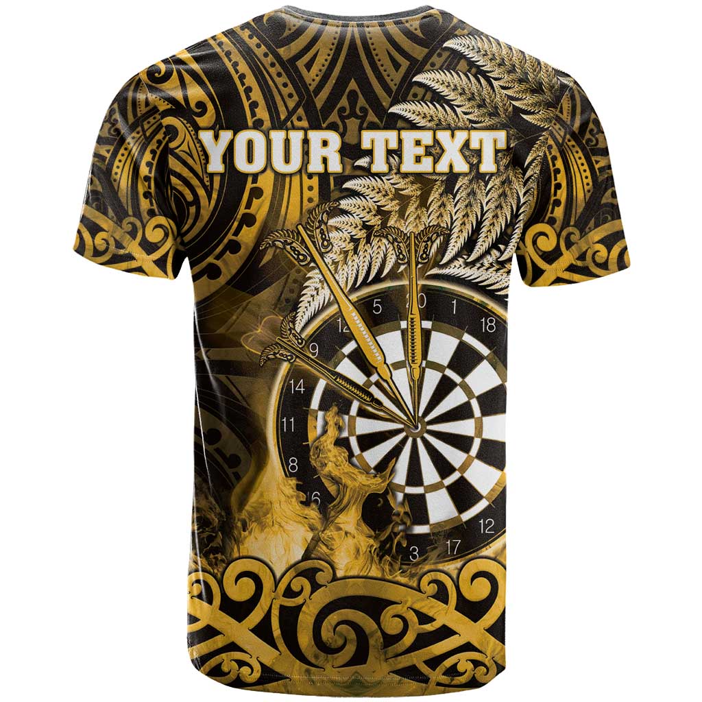 Personalised New Zealand Darts T Shirt Maori Koru Dartboard Gold Flame