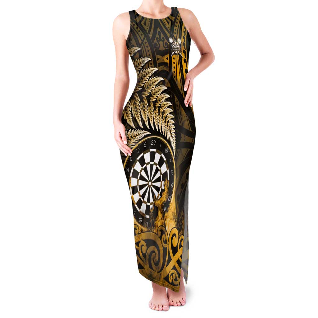 Personalised New Zealand Darts Tank Maxi Dress Maori Koru Dartboard Gold Flame