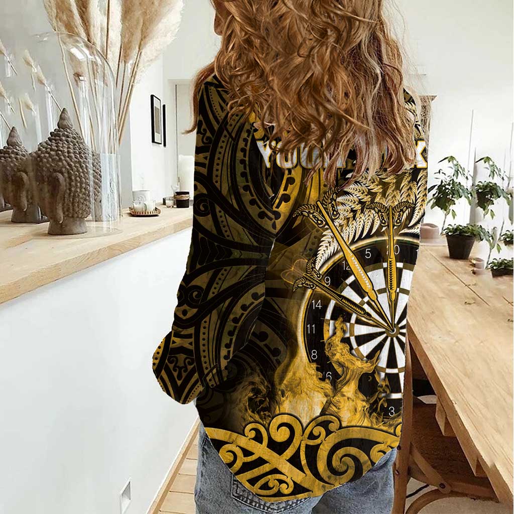 Personalised New Zealand Darts Women Casual Shirt Maori Koru Dartboard Gold Flame