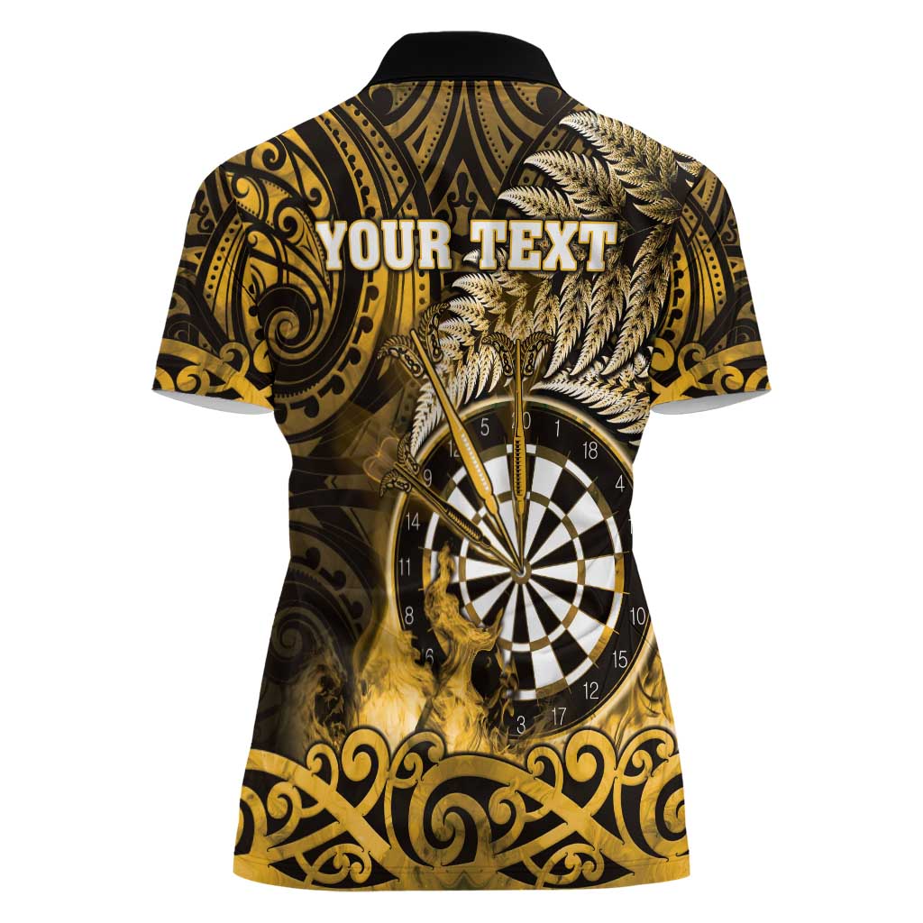 Personalised New Zealand Darts Women Polo Shirt Maori Koru Dartboard Gold Flame