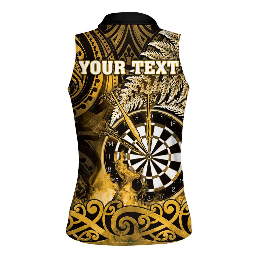 Personalised New Zealand Darts Women Sleeveless Polo Shirt Maori Koru Dartboard Gold Flame