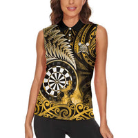 Personalised New Zealand Darts Women Sleeveless Polo Shirt Maori Koru Dartboard Gold Flame