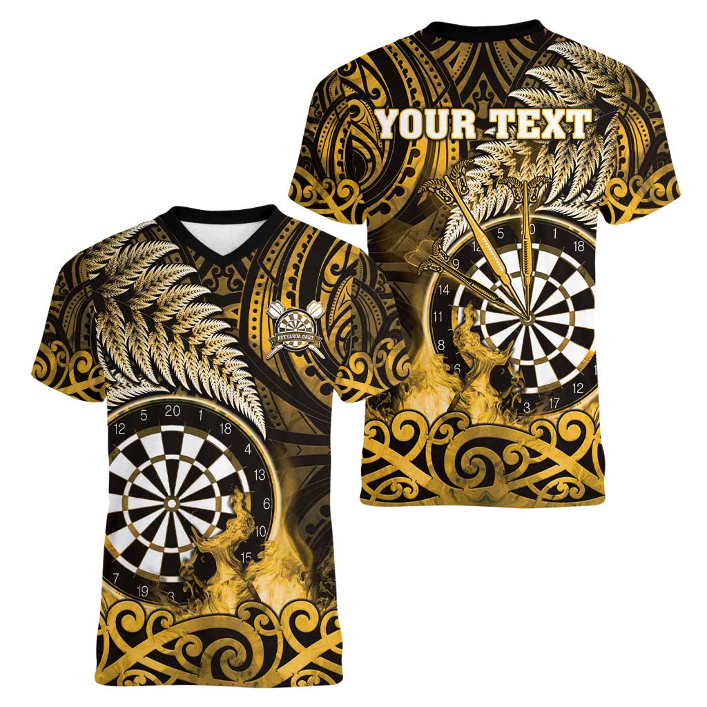 Personalised New Zealand Darts Women V-Neck T-Shirt Maori Koru Dartboard Gold Flame