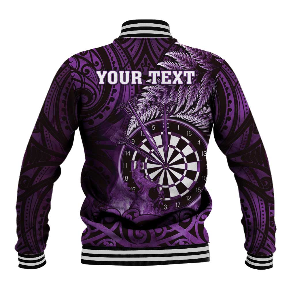 Personalised New Zealand Darts Baseball Jacket Maori Koru Dartboard Purple Flame LT05 - Polynesian Pride