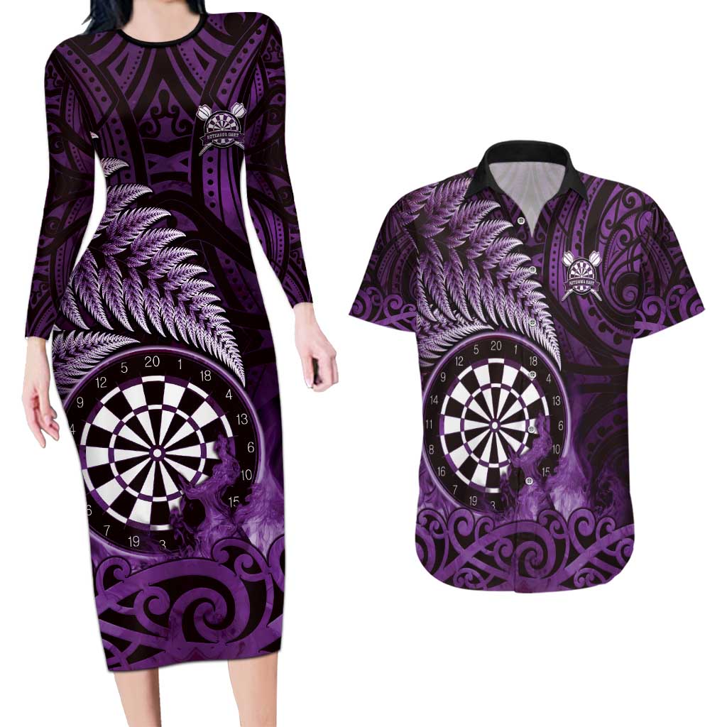 Personalised New Zealand Darts Couples Matching Long Sleeve Bodycon Dress and Hawaiian Shirt Maori Koru Dartboard Purple Flame LT05 Purple - Polynesian Pride