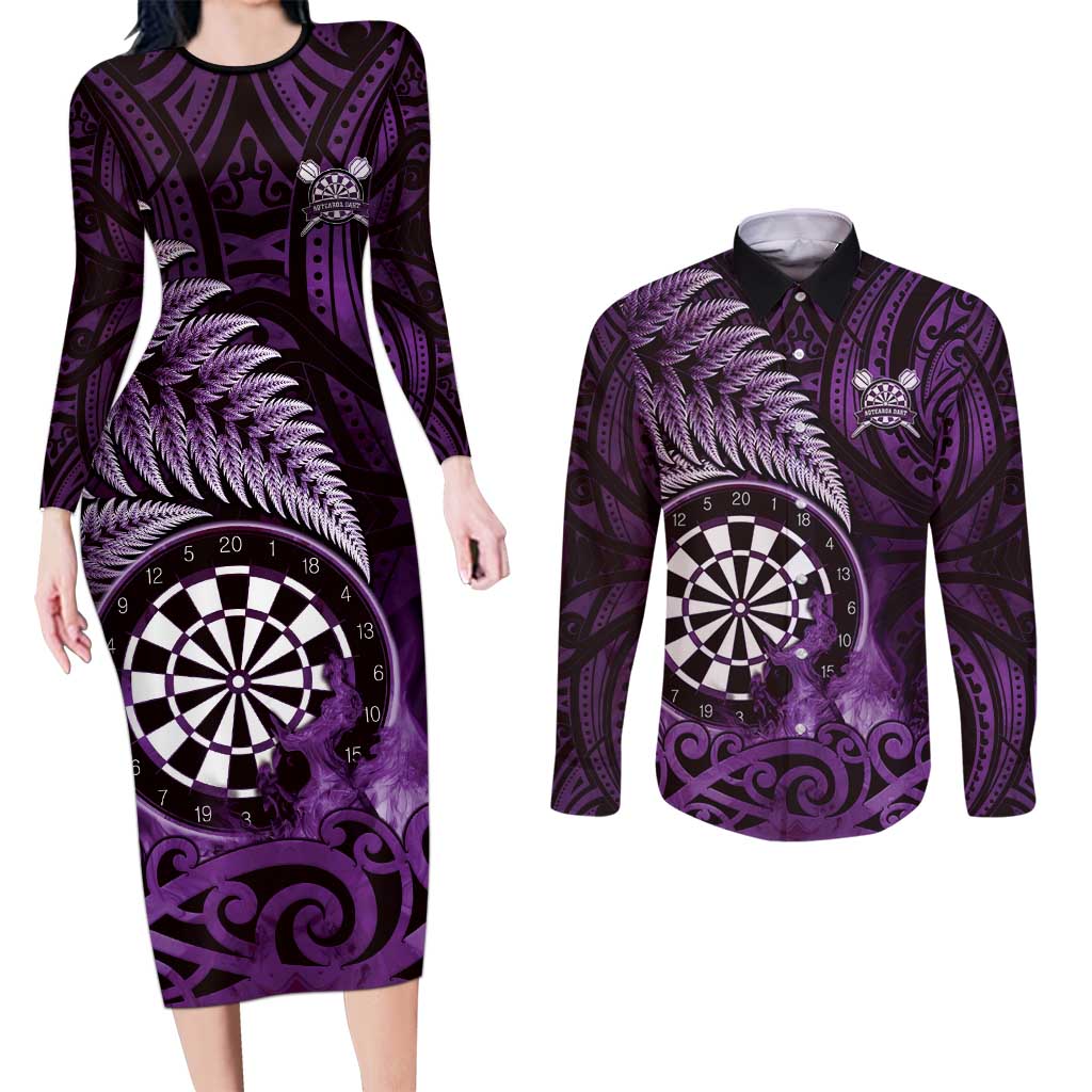 Personalised New Zealand Darts Couples Matching Long Sleeve Bodycon Dress and Long Sleeve Button Shirt Maori Koru Dartboard Purple Flame LT05 Purple - Polynesian Pride
