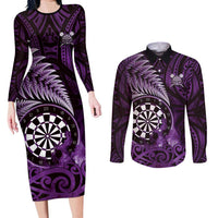 Personalised New Zealand Darts Couples Matching Long Sleeve Bodycon Dress and Long Sleeve Button Shirt Maori Koru Dartboard Purple Flame LT05 Purple - Polynesian Pride