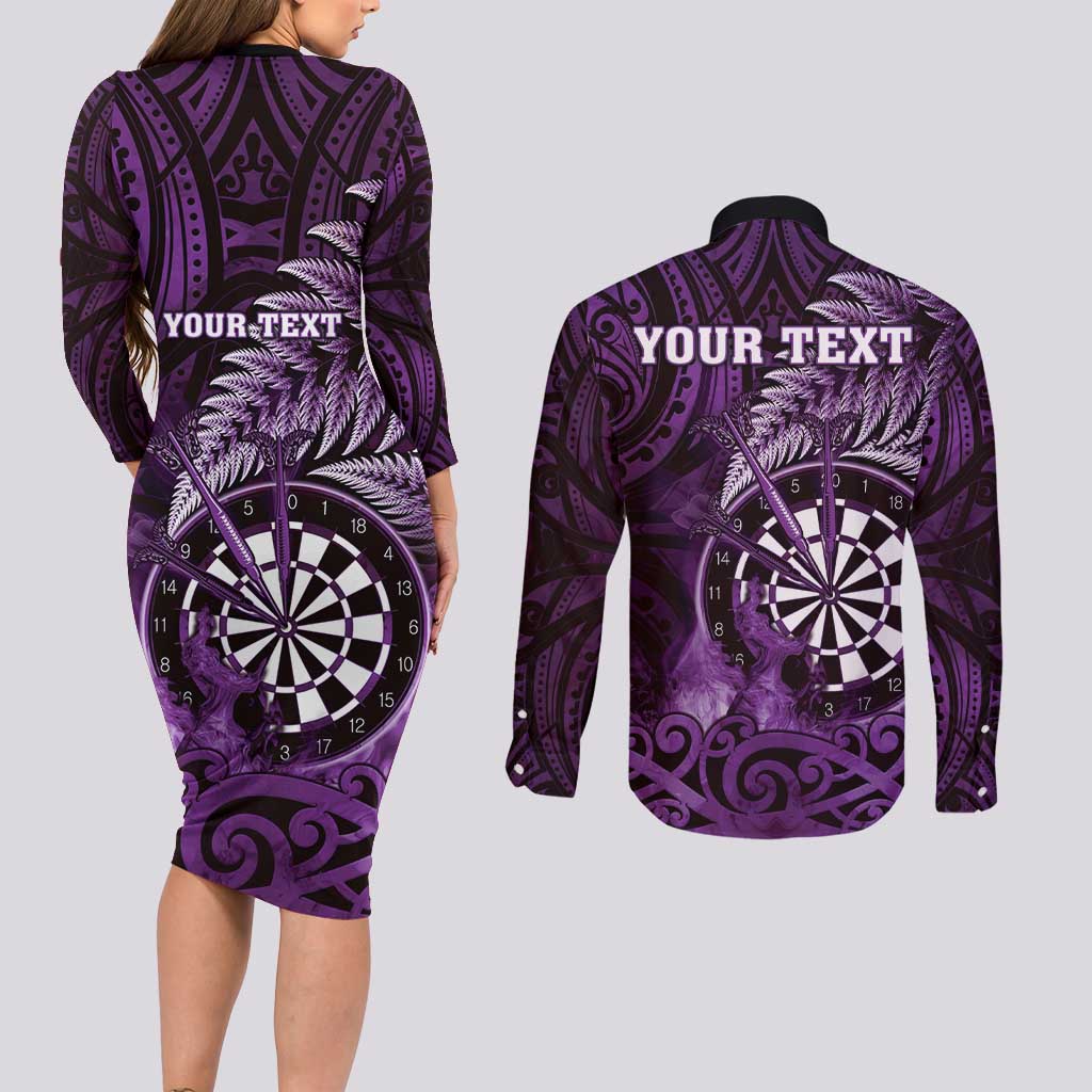 Personalised New Zealand Darts Couples Matching Long Sleeve Bodycon Dress and Long Sleeve Button Shirt Maori Koru Dartboard Purple Flame LT05 - Polynesian Pride