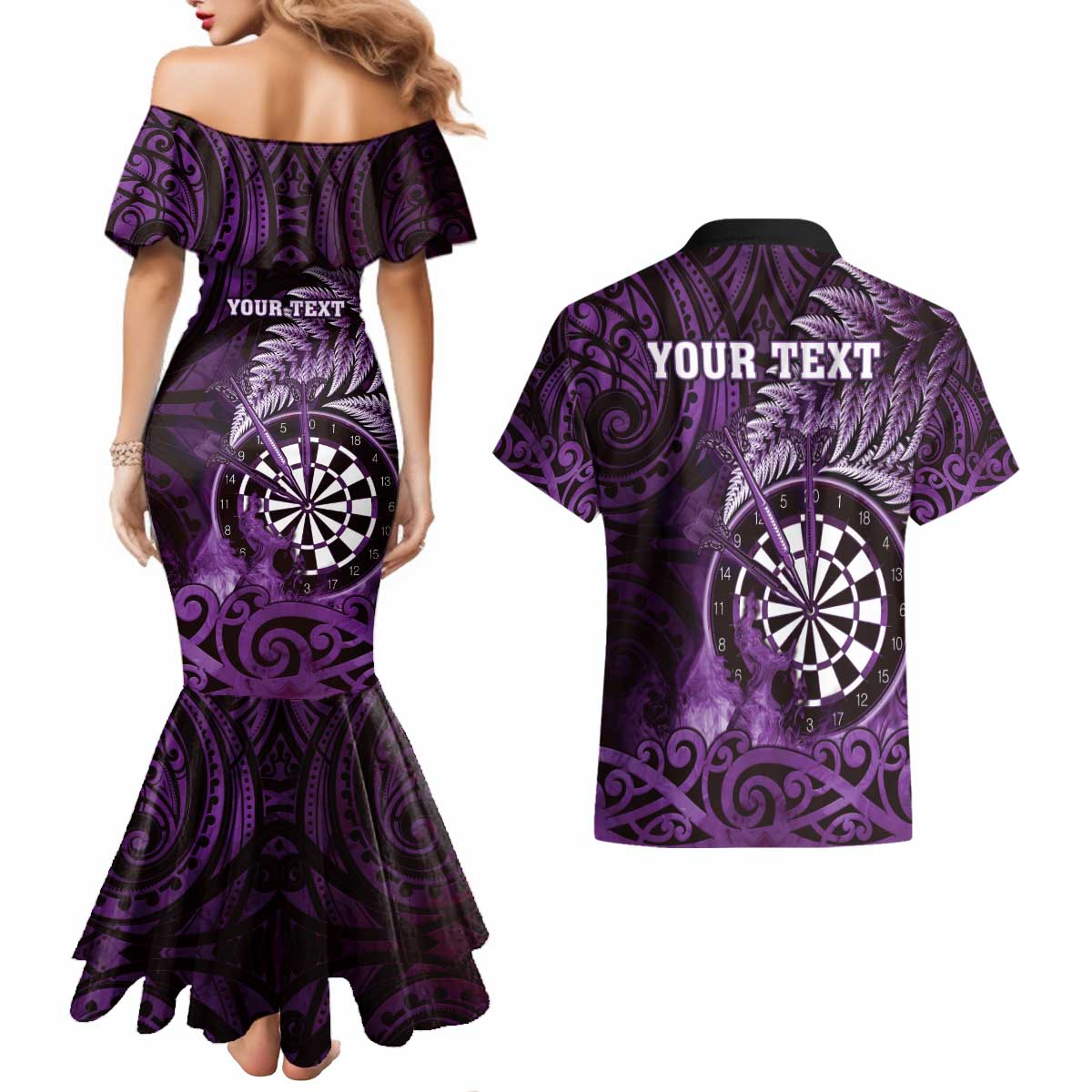 Personalised New Zealand Darts Couples Matching Mermaid Dress and Hawaiian Shirt Maori Koru Dartboard Purple Flame LT05 - Polynesian Pride