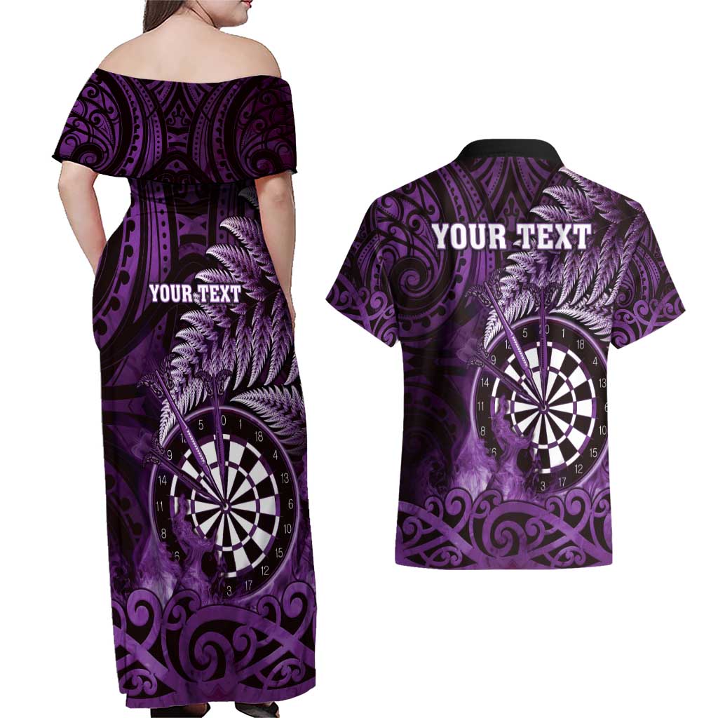 Personalised New Zealand Darts Couples Matching Off Shoulder Maxi Dress and Hawaiian Shirt Maori Koru Dartboard Purple Flame LT05 - Polynesian Pride
