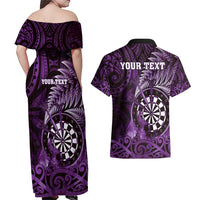 Personalised New Zealand Darts Couples Matching Off Shoulder Maxi Dress and Hawaiian Shirt Maori Koru Dartboard Purple Flame LT05 - Polynesian Pride