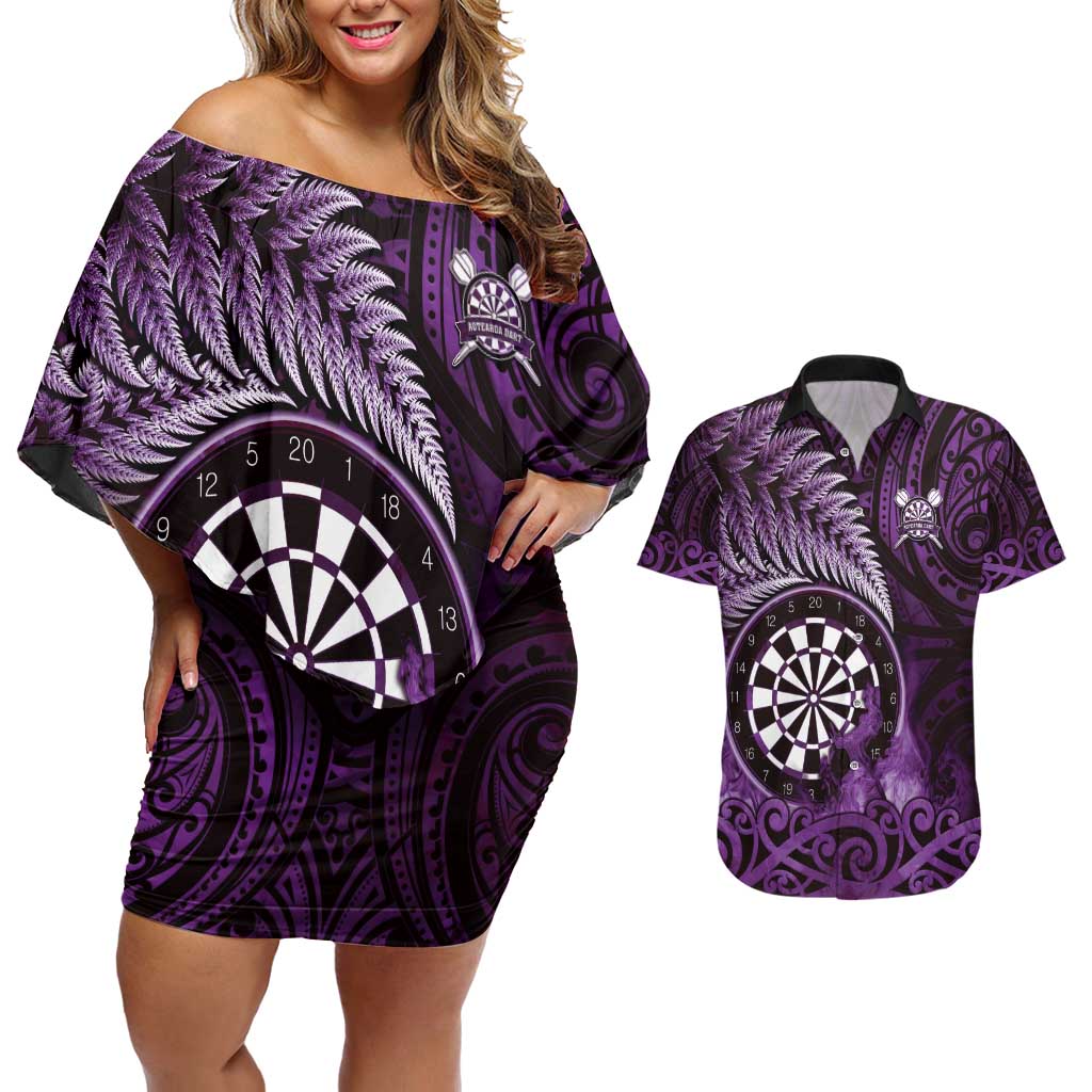 Personalised New Zealand Darts Couples Matching Off Shoulder Short Dress and Hawaiian Shirt Maori Koru Dartboard Purple Flame LT05 Purple - Polynesian Pride