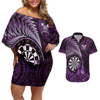 Personalised New Zealand Darts Couples Matching Off Shoulder Short Dress and Hawaiian Shirt Maori Koru Dartboard Purple Flame LT05 Purple - Polynesian Pride