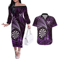 Personalised New Zealand Darts Couples Matching Off The Shoulder Long Sleeve Dress and Hawaiian Shirt Maori Koru Dartboard Purple Flame LT05 Purple - Polynesian Pride