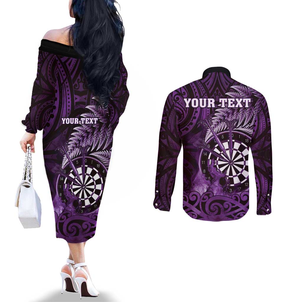 Personalised New Zealand Darts Couples Matching Off The Shoulder Long Sleeve Dress and Long Sleeve Button Shirt Maori Koru Dartboard Purple Flame LT05 - Polynesian Pride