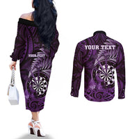 Personalised New Zealand Darts Couples Matching Off The Shoulder Long Sleeve Dress and Long Sleeve Button Shirt Maori Koru Dartboard Purple Flame LT05 - Polynesian Pride