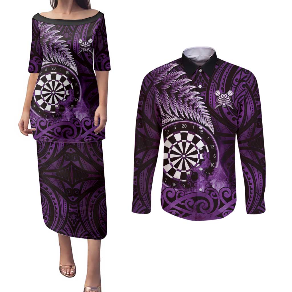 Personalised New Zealand Darts Couples Matching Puletasi and Long Sleeve Button Shirt Maori Koru Dartboard Purple Flame LT05 Purple - Polynesian Pride