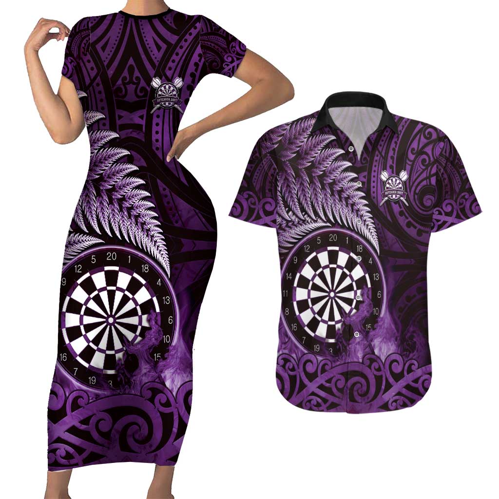 Personalised New Zealand Darts Couples Matching Short Sleeve Bodycon Dress and Hawaiian Shirt Maori Koru Dartboard Purple Flame LT05 Purple - Polynesian Pride