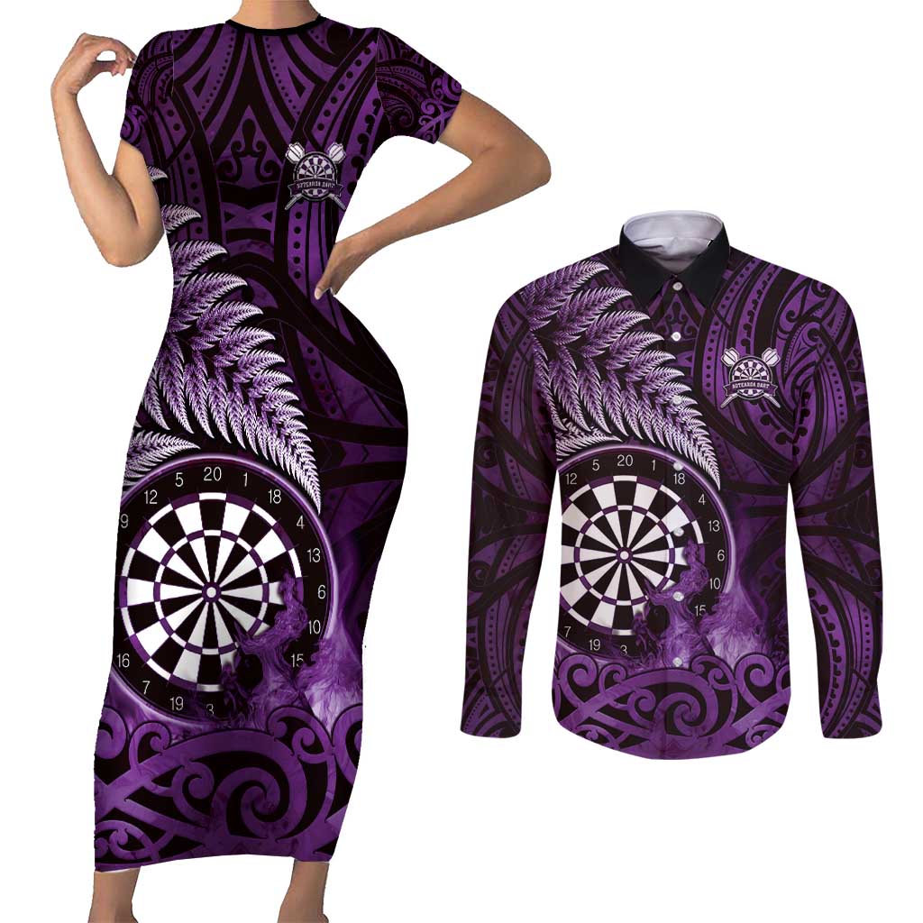 Personalised New Zealand Darts Couples Matching Short Sleeve Bodycon Dress and Long Sleeve Button Shirt Maori Koru Dartboard Purple Flame LT05 Purple - Polynesian Pride