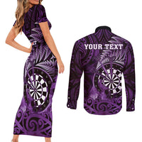 Personalised New Zealand Darts Couples Matching Short Sleeve Bodycon Dress and Long Sleeve Button Shirt Maori Koru Dartboard Purple Flame LT05 - Polynesian Pride