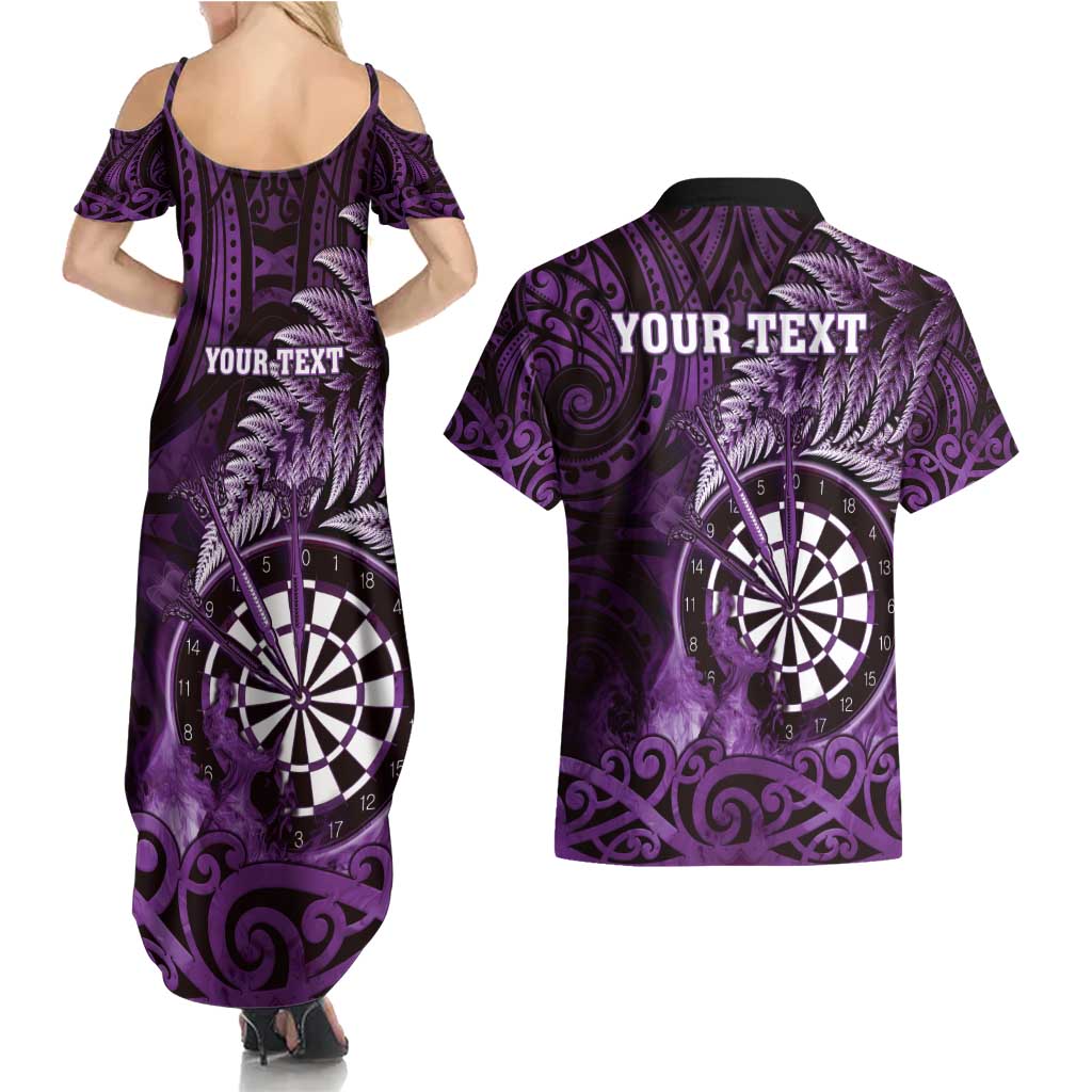 Personalised New Zealand Darts Couples Matching Summer Maxi Dress and Hawaiian Shirt Maori Koru Dartboard Purple Flame LT05 - Polynesian Pride