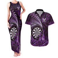 Personalised New Zealand Darts Couples Matching Tank Maxi Dress and Hawaiian Shirt Maori Koru Dartboard Purple Flame LT05 Purple - Polynesian Pride