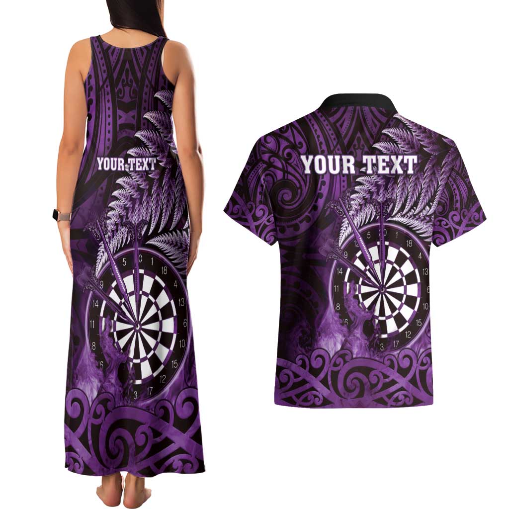 Personalised New Zealand Darts Couples Matching Tank Maxi Dress and Hawaiian Shirt Maori Koru Dartboard Purple Flame LT05 - Polynesian Pride