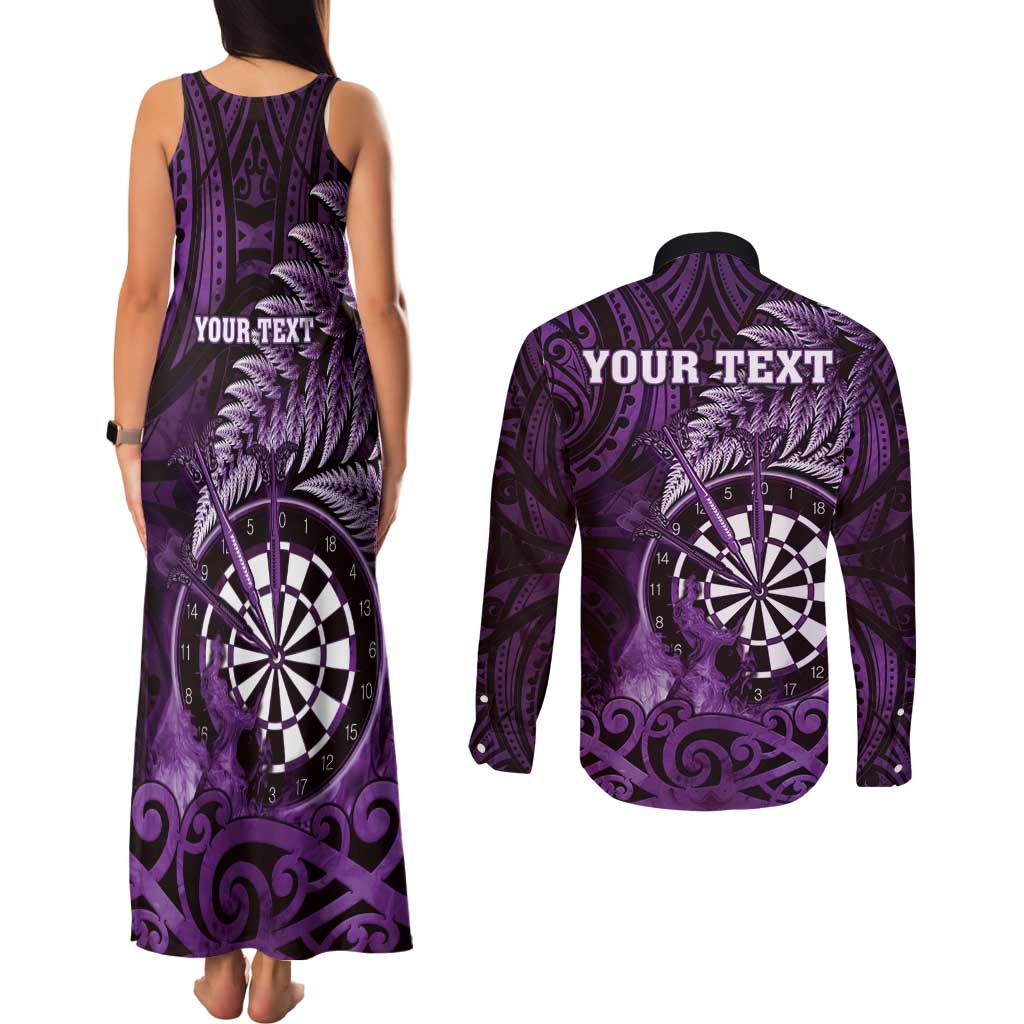 Personalised New Zealand Darts Couples Matching Tank Maxi Dress and Long Sleeve Button Shirt Maori Koru Dartboard Purple Flame LT05 - Polynesian Pride