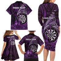 Personalised New Zealand Darts Family Matching Long Sleeve Bodycon Dress and Hawaiian Shirt Maori Koru Dartboard Purple Flame LT05 - Polynesian Pride