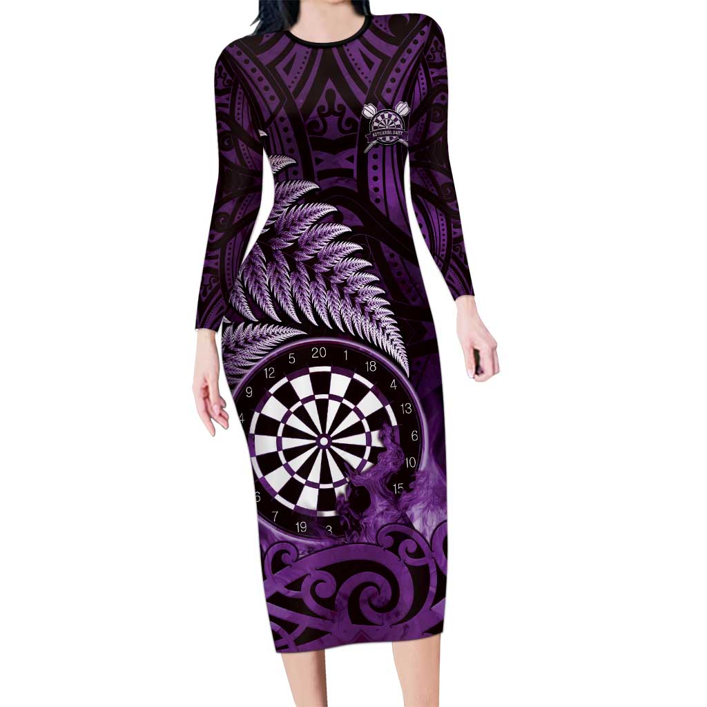 Personalised New Zealand Darts Family Matching Long Sleeve Bodycon Dress and Hawaiian Shirt Maori Koru Dartboard Purple Flame LT05 Mom's Dress Purple - Polynesian Pride