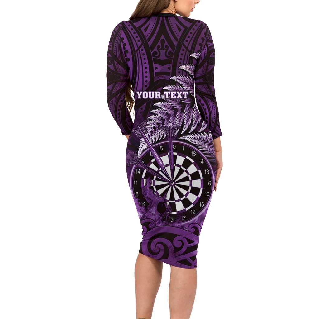 Personalised New Zealand Darts Family Matching Long Sleeve Bodycon Dress and Hawaiian Shirt Maori Koru Dartboard Purple Flame LT05 - Polynesian Pride
