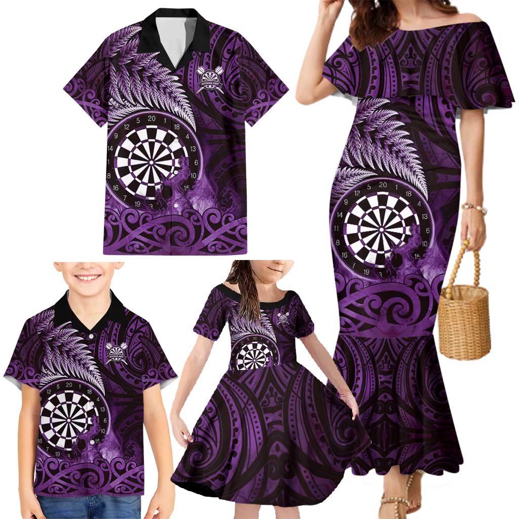 Personalised New Zealand Darts Family Matching Mermaid Dress and Hawaiian Shirt Maori Koru Dartboard Purple Flame LT05 - Polynesian Pride