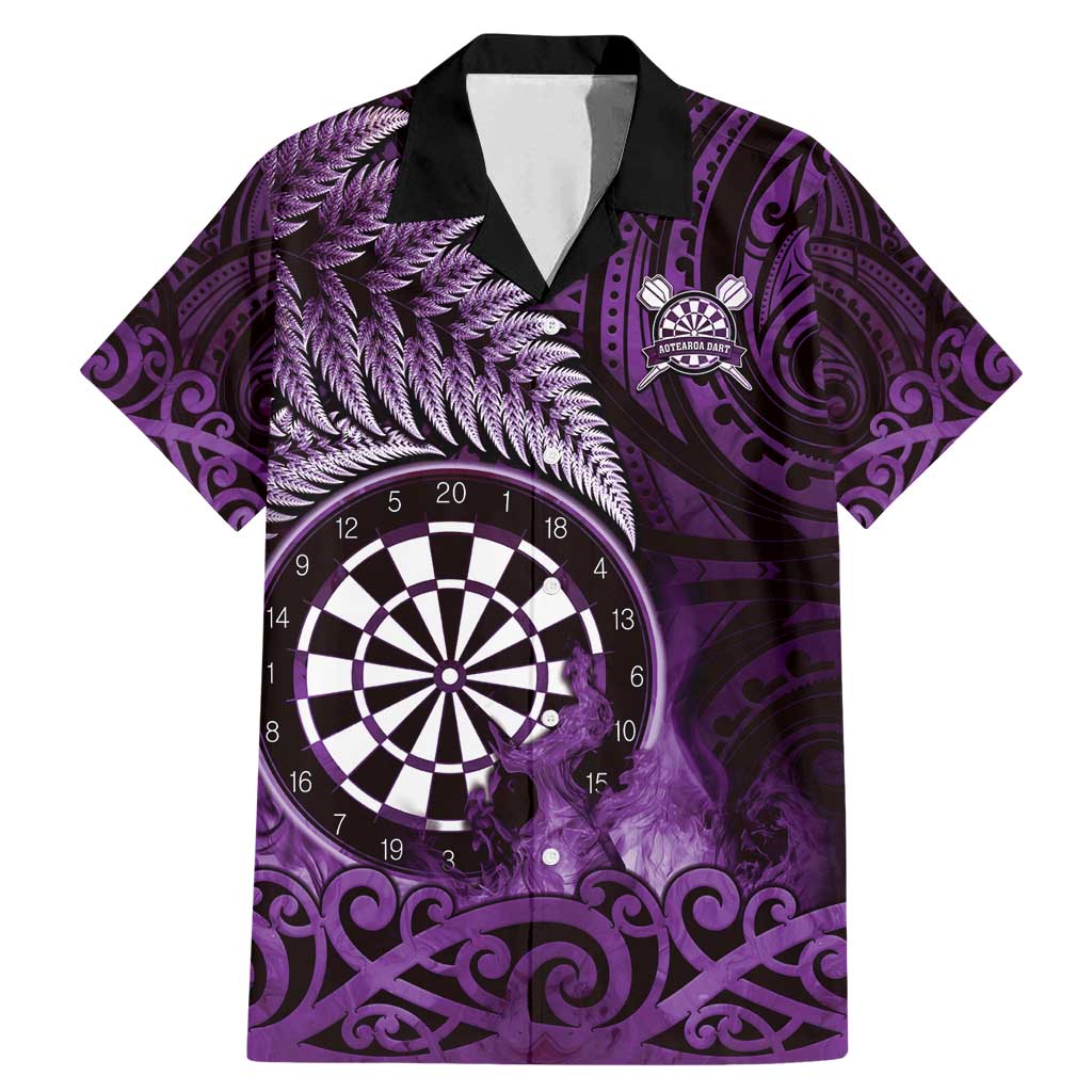 Personalised New Zealand Darts Family Matching Mermaid Dress and Hawaiian Shirt Maori Koru Dartboard Purple Flame LT05 Dad's Shirt - Short Sleeve Purple - Polynesian Pride
