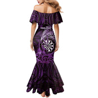 Personalised New Zealand Darts Family Matching Mermaid Dress and Hawaiian Shirt Maori Koru Dartboard Purple Flame LT05 - Polynesian Pride