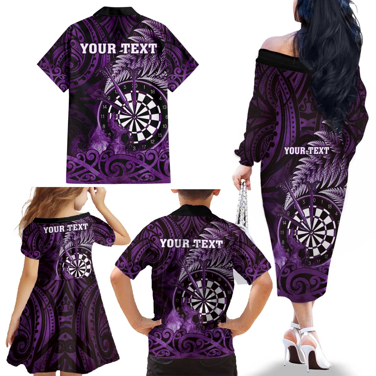Personalised New Zealand Darts Family Matching Off The Shoulder Long Sleeve Dress and Hawaiian Shirt Maori Koru Dartboard Purple Flame LT05 - Polynesian Pride