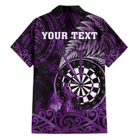 Personalised New Zealand Darts Family Matching Off The Shoulder Long Sleeve Dress and Hawaiian Shirt Maori Koru Dartboard Purple Flame LT05 - Polynesian Pride