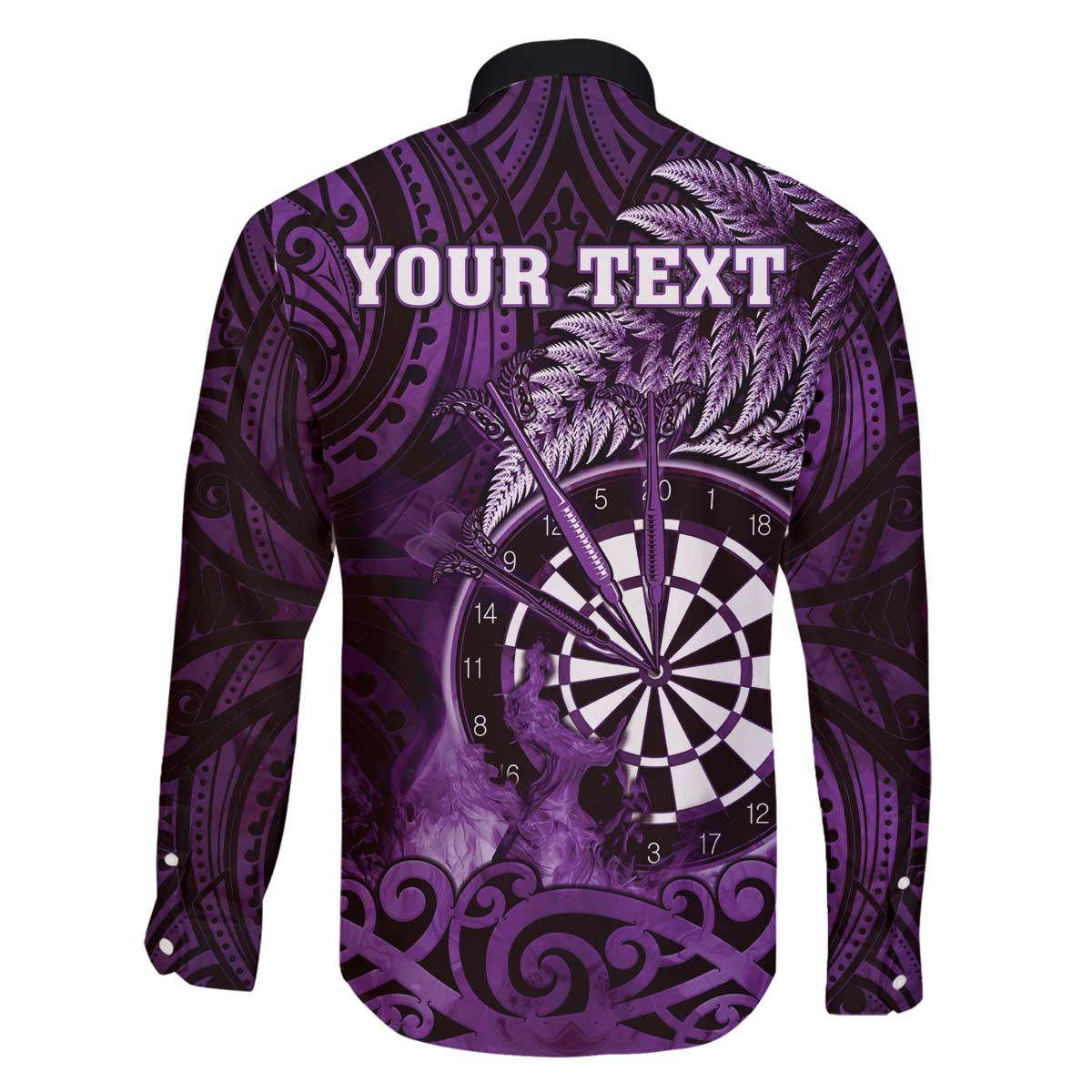 Personalised New Zealand Darts Family Matching Off The Shoulder Long Sleeve Dress and Hawaiian Shirt Maori Koru Dartboard Purple Flame LT05 - Polynesian Pride
