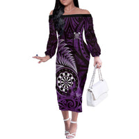 Personalised New Zealand Darts Family Matching Off The Shoulder Long Sleeve Dress and Hawaiian Shirt Maori Koru Dartboard Purple Flame LT05 Mom's Dress Purple - Polynesian Pride