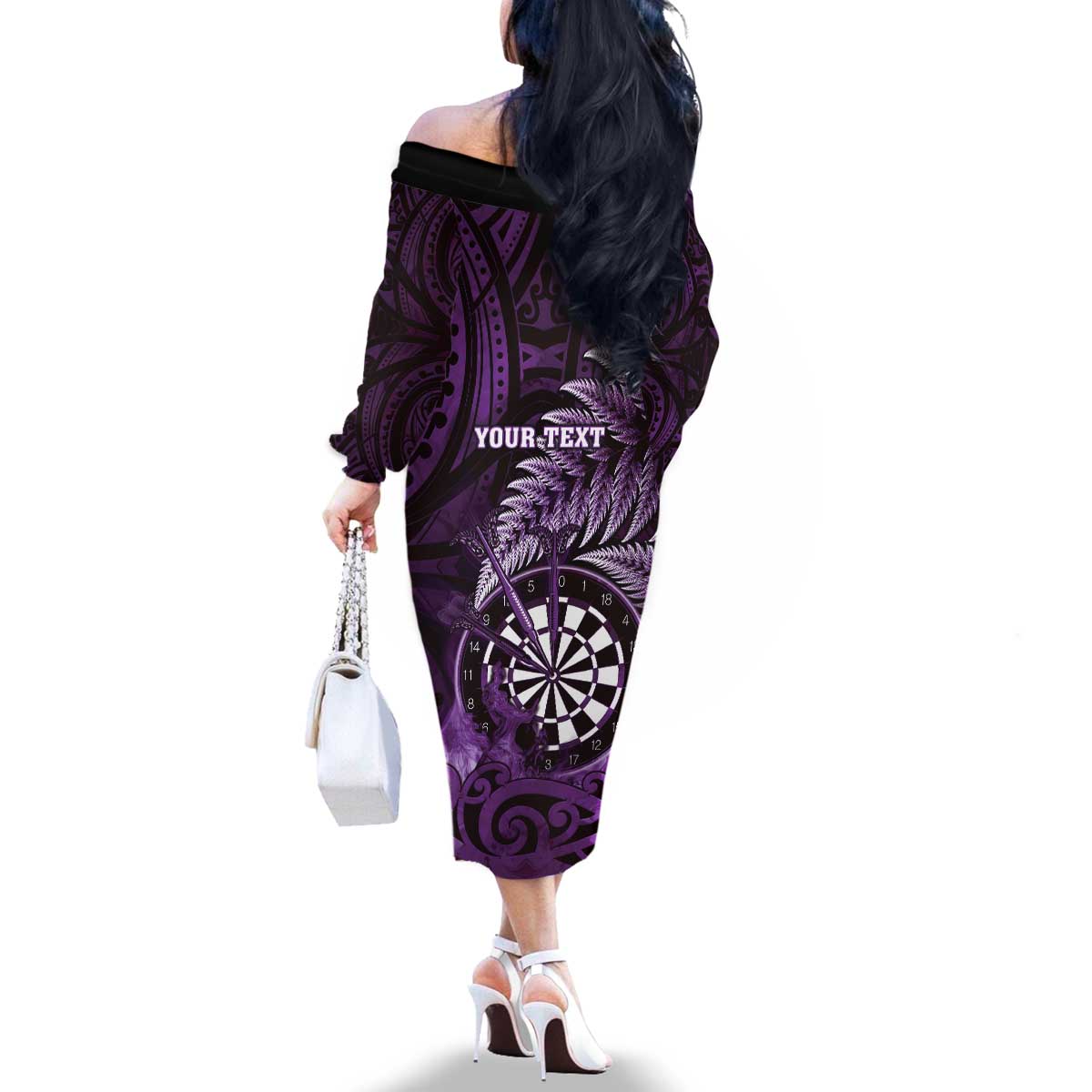 Personalised New Zealand Darts Family Matching Off The Shoulder Long Sleeve Dress and Hawaiian Shirt Maori Koru Dartboard Purple Flame LT05 - Polynesian Pride