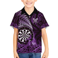 Personalised New Zealand Darts Family Matching Off The Shoulder Long Sleeve Dress and Hawaiian Shirt Maori Koru Dartboard Purple Flame LT05 Son's Shirt Purple - Polynesian Pride
