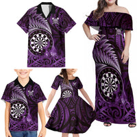 Personalised New Zealand Darts Family Matching Off Shoulder Maxi Dress and Hawaiian Shirt Maori Koru Dartboard Purple Flame LT05 - Polynesian Pride